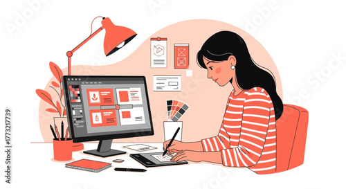 Woman Designing On Desk, Digital Artist Crafting Graphics For Website Illustrations