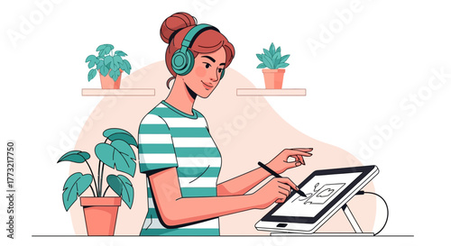 Woman Designing on Digital Tablet and Listening to Music with Plants Around Her