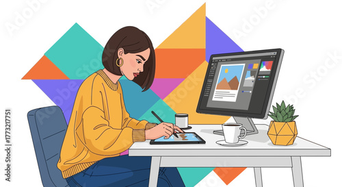 Woman Designing on Digital Tablet and Computer with Creative Colorful Background