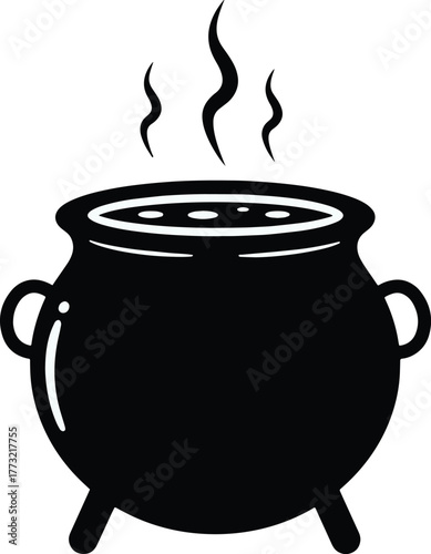 Black witch cauldron icon with bubbling potion steam, vector graphic for Halloween