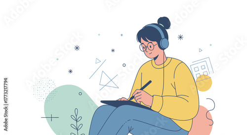 Woman Designing With Headphones And Tablet, Working On An Illustrated Project, Isolated