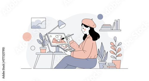 Woman Illustrator Working Digitally, Creating Modern Art Illustration or Design Concept