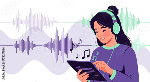 Woman Listening Music On Digital Tablet With Musical Sound Waves Illustration