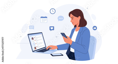 Woman Multi-Tasking With Technology: Laptop, Smartphone, Communication And Social Media