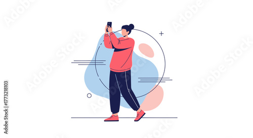 Woman Taking Photo With Smartphone Outdoors: Flat Minimalist Vector Illustration