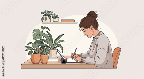 Woman Working Digitally With Plants Illustration Of Creative Workplace Environment