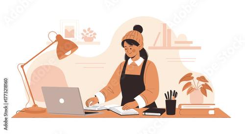Woman Working From Home Cozy Illustration With Books, Laptop, Lamp and Plants