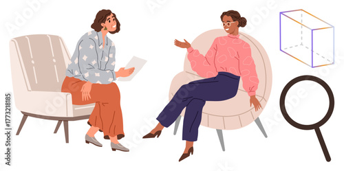 Two women sitting in a discussion, engaging actively. Adjacent magnifying glass and 3D box outline symbolize research, analysis, innovation, and collaboration. Ideal for teamwork, creativity