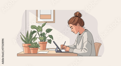 Woman Working From Home Using Tablet And Surrounded By Potted Greenery Lifestyle Illustration