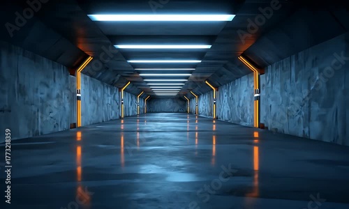 An illuminated corridor with vibrant orange neon lights casting a futuristic glow on the dark modern architectural pathway