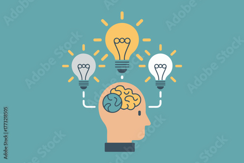 Human head with brain and lightbulbs representing ideas and innovation