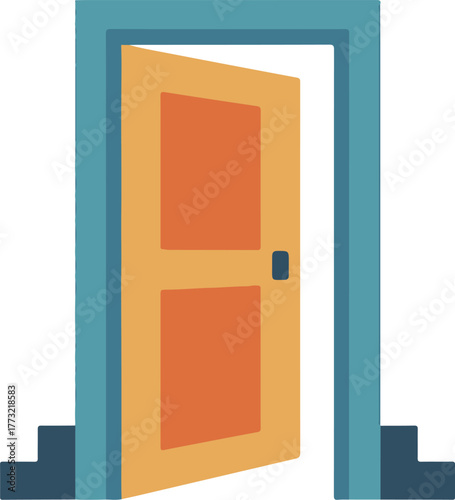 Open wooden door with blue frame and steps illustration