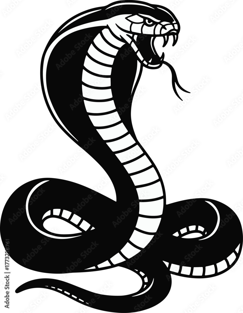 Fototapeta premium Aggressive cobra serpent with flared hood and bared fangs in a monochrome vector style