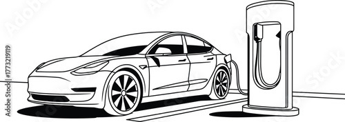 PrintElectric car charging at modern station illustration, clean energy vehicle concept, eco-friendly transportation technology design for green future and sustainability.