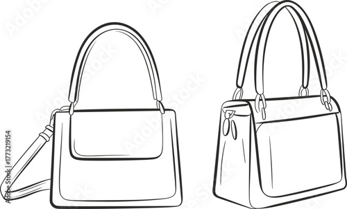 PrintElegant handbag fashion design sketch, stylish leather purse illustration with handle and strap, modern women’s bag template for branding