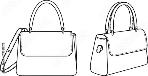 PrintElegant handbag fashion sketch, leather top handle bag and shoulder purse technical illustration, stylish accessory design template for women’s fashion.