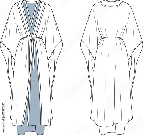 PrintElegant long kimono dress fashion flat sketch, front and back view, belted robe design, women garment illustration template vector.