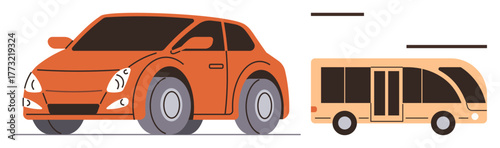 Orange car with sleek design and beige bus illustrating mobility choices and urban commute. Ideal for transport, travel, mobility solutions, modern vehicles, eco-travel, city infrastructure, simple