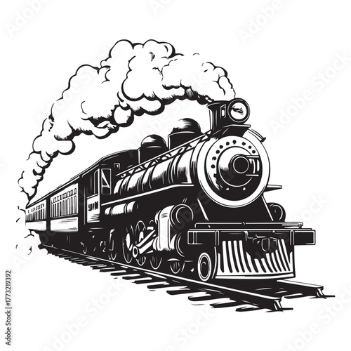 Vintage steam engine train silhouette traveling on tracks with smoke and passenger cars 
