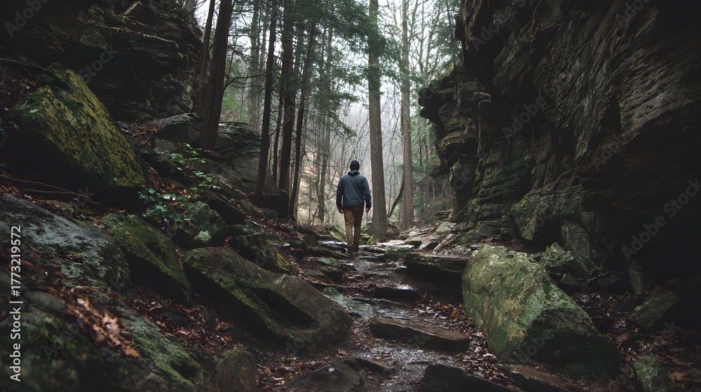 Fototapeta premium Solitary hiker progresses along a narrow, rocky trail winding between towering forest walls