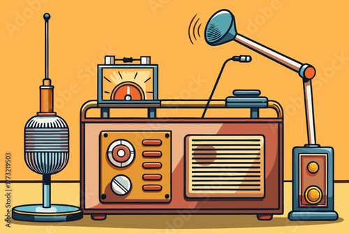 A vintage radio transmitter with microphone in a studio setting