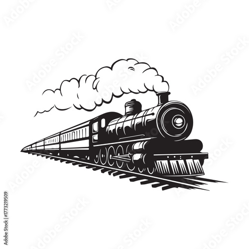 Vintage steam engine train silhouette traveling on tracks with smoke and passenger cars 