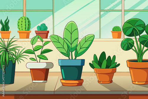 Various potted houseplants in a well lit window sill