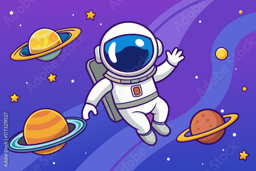 Cartoon astronaut floating in space with planets and stars