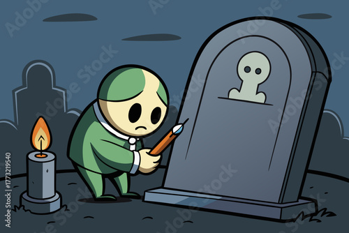 Cartoon person writing an epitaph on a tombstone at night