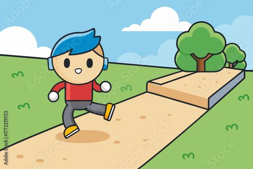 Cartoon character walking on a path in the daytime