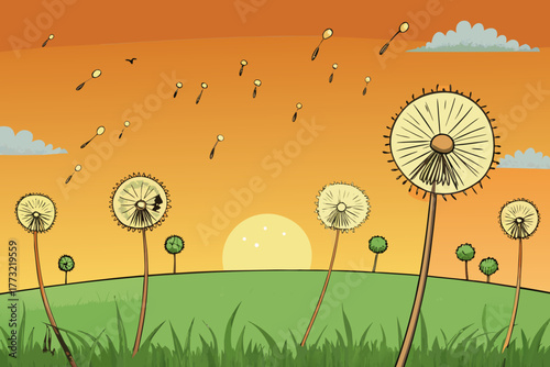 Cartoon dandelions with seeds blowing in the sunset sky
