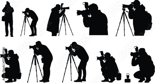 Silhouettes of photographers capturing moments with cameras and tripods diverse poses