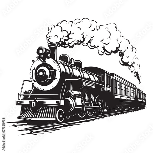 Vintage steam engine train silhouette traveling on tracks with smoke and passenger cars 