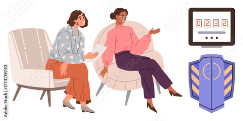 Two women engaging in conversation, one holding a tablet, seated in modern chairs. Digital scoreboard and shield emblem in background. Ideal for collaboration, teamwork, security, leadership