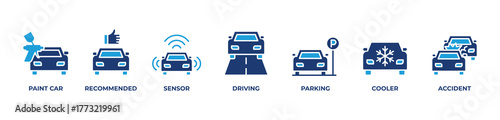 Safe Drive System"Icons set vector illustration blue with Paint car, Recommended, Sensor, Driving, Parking, Cooler, Accident