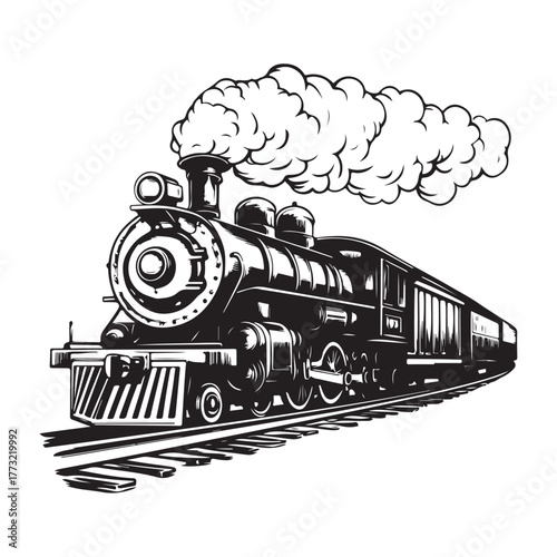 Vintage steam engine train silhouette traveling on tracks with smoke and passenger cars 