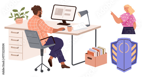 Man working at desk with computer and mug, woman pointing, shield icon, and organized files. Ideal for teamwork, remote work, productivity, cybersecurity awareness, data protection collaboration