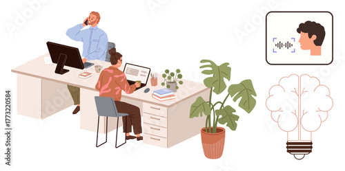 Two professionals working at shared desk, plants nearby, AI voice recognition, lightbulb as creative idea. Ideal for teamwork, technology, productivity, innovation, brainstorming AI modern