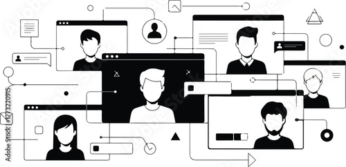 Networked Digital Communication Illustrative Icons for Virtual Meetings and Online Collaboration Concepts