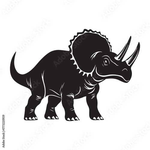 Black silhouette Triceratops dinosaur with three horns, large frill, prehistoric animal illustration, Jurassic wildlife, vector graphic, isolated design, ancient creature profile, fossil era