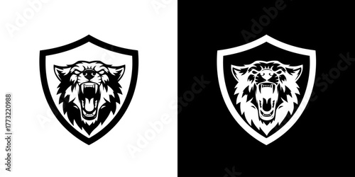 Black and white wolf head logos on shield shapes.