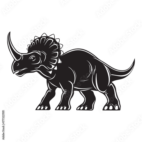 Black silhouette Triceratops dinosaur with three horns, large frill, prehistoric animal illustration, Jurassic wildlife, vector graphic, isolated design, ancient creature profile, fossil era