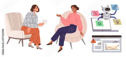 Two women converse seated in chairs, while a robot performs multitasking with AI tools and a digital interface showcasing analytics and alerts. Ideal for teamwork, AI, innovation, productivity, data