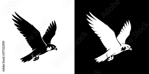Silhouette of a flying bird in black and white