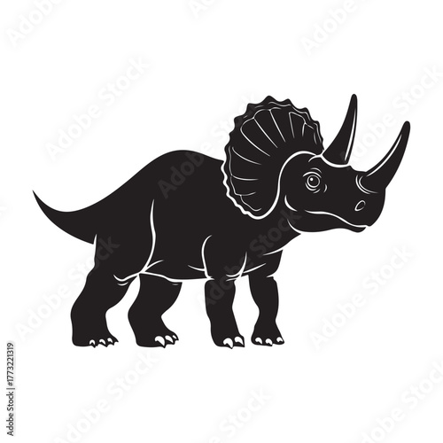 Black silhouette Triceratops dinosaur with three horns, large frill, prehistoric animal illustration, Jurassic wildlife, vector graphic, isolated design, ancient creature profile, fossil era