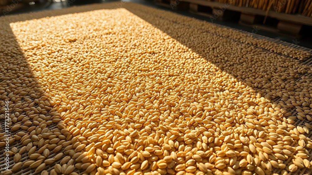 Obraz premium foolishness. Barley grains drying on a mat under soft, natural sunlight. menu design, packaging mockups, designed for culinary blogs and recipe cards for restaurants, used by account managers.
