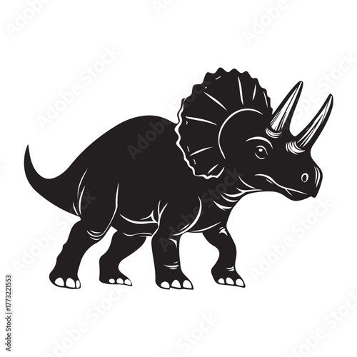 Black silhouette Triceratops dinosaur with three horns, large frill, prehistoric animal illustration, Jurassic wildlife, vector graphic, isolated design, ancient creature profile, fossil era