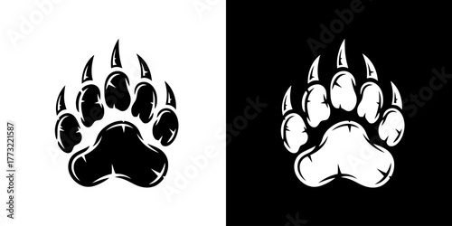 Two animal paw prints with claws on white and