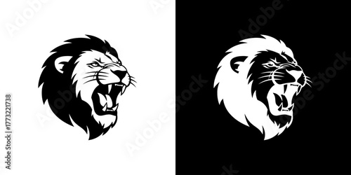 Two black and white lion head illustrations on