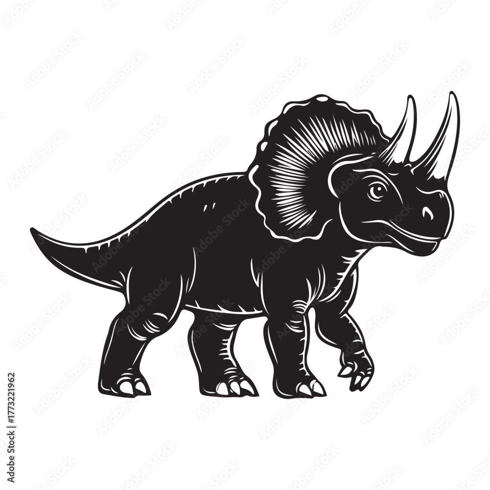 Fototapeta premium Black silhouette Triceratops dinosaur with three horns, large frill, prehistoric animal illustration, Jurassic wildlife, vector graphic, isolated design, ancient creature profile, fossil era